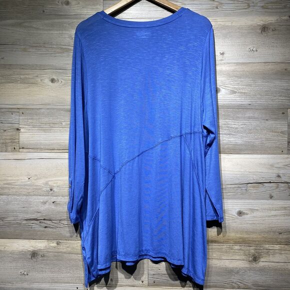 Catherines Tunic Top Size 1X 18/20W Scoop Neck Stretchy Blue Snap Cuff Lagenlook - Picture 2 of 11
